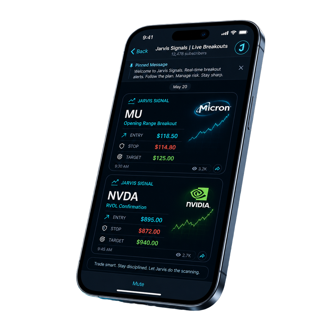 Jarvis Signals Telegram channel preview showing MU and NVDA breakout alerts